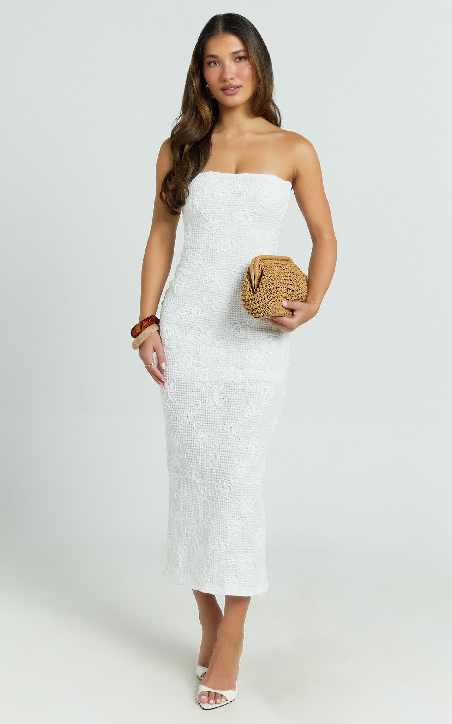 Jamil Midi Dress - Strapless Fitted Jersey Dress in White Product Image