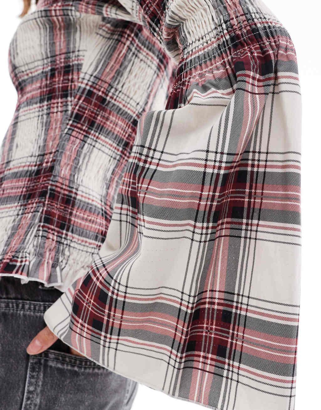 ASOS DESIGN poplin shirred angel sleeve top in red check Product Image