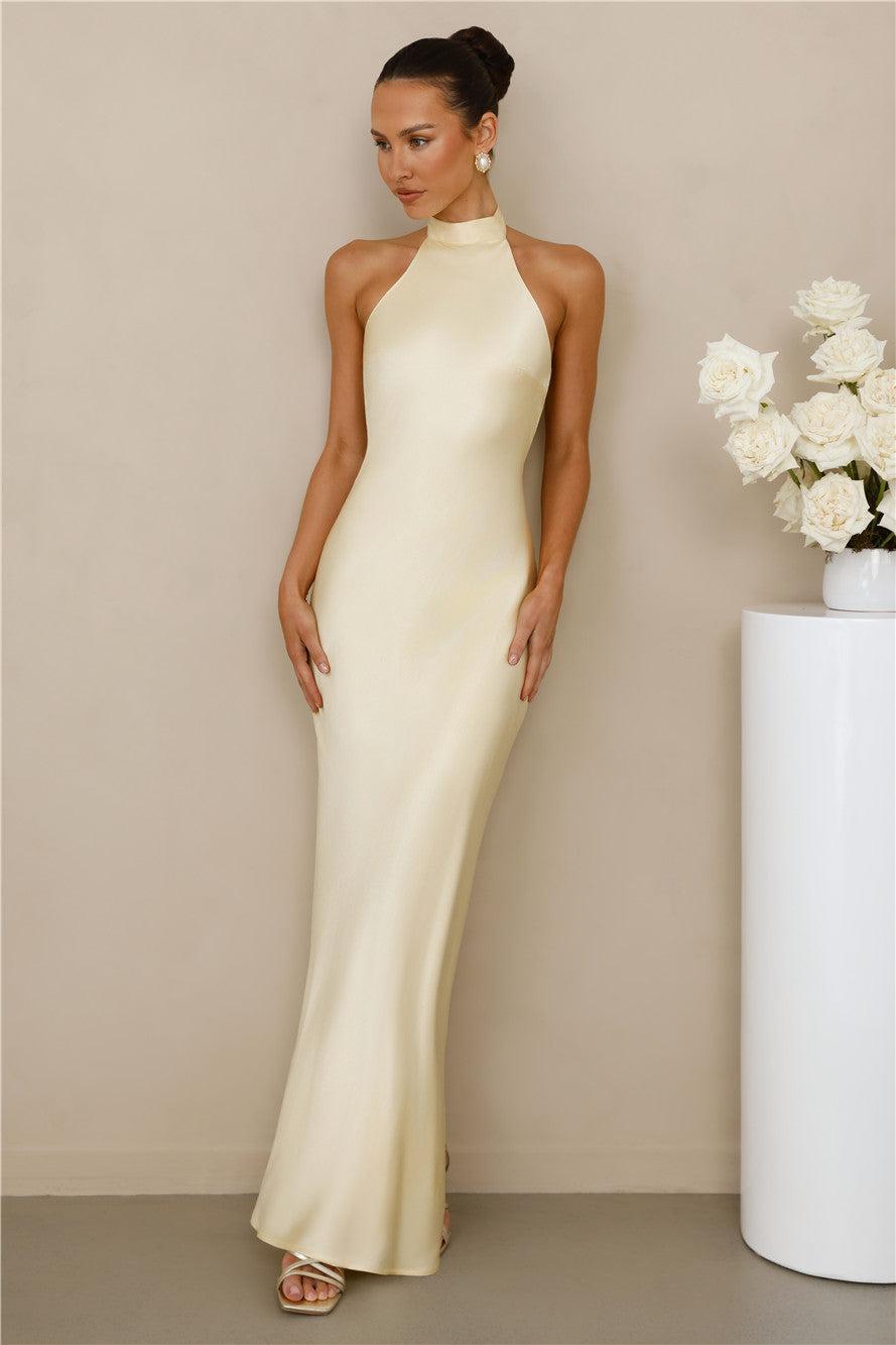 The Cleo Halter Satin Maxi Dress Yellow Product Image