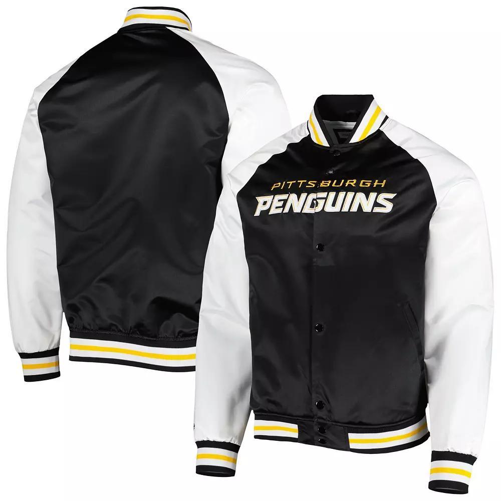 Men's Mitchell & Ness Black/White Pittsburgh Penguins Primetime Raglan Satin Full-Snap Jacket, Size: XL Product Image