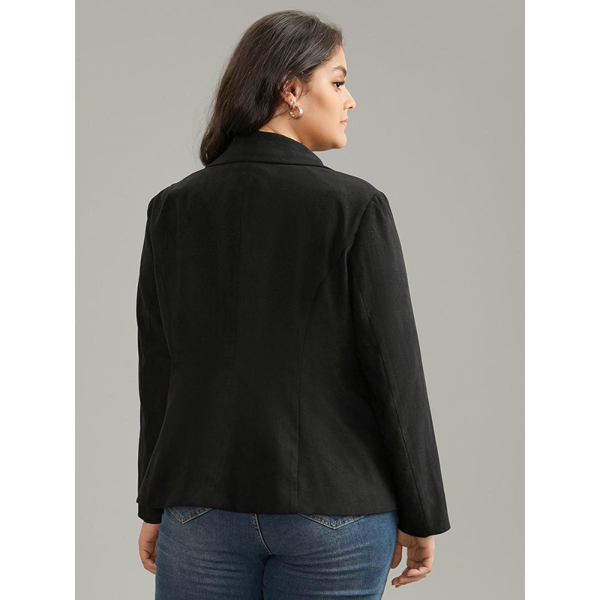 Plus Size Solid Corduroy Zipper Lapel Collar Blazer Black Women Work Plain Lined Sleeve Long Sleeve Lapel Collar 26/4X Pocket At the Office Blazers BloomChic Product Image