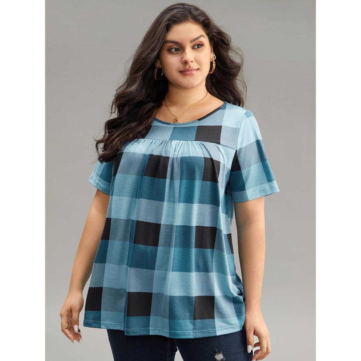 Plus Size Plaid Round Neck Gathered T-shirt Blue Women Casual Gathered Plaid Round Neck Everyday T-shirts BloomChic 12/L Product Image