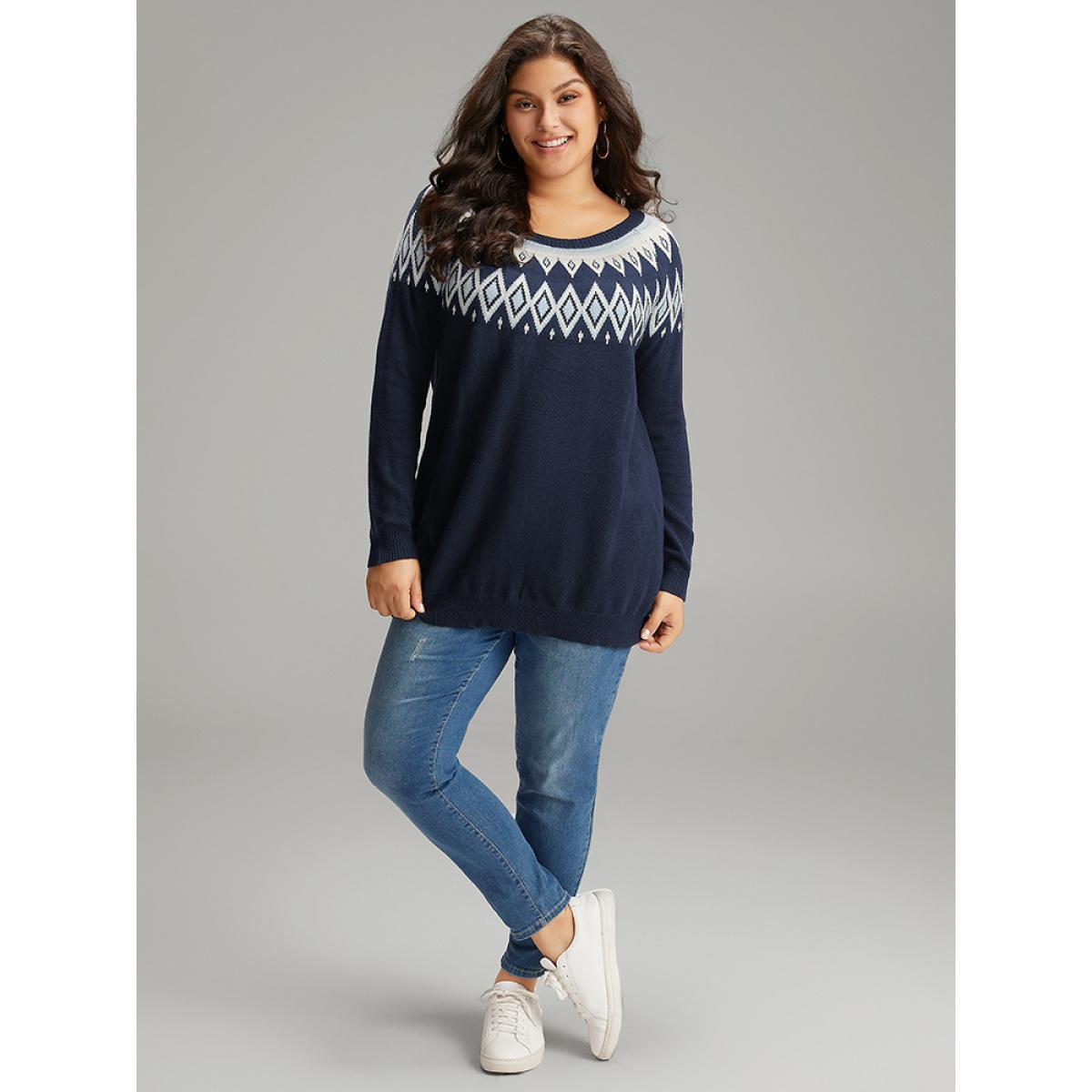 Plus Size Supersoft Essentials Geo Contrast Raglan Sleeve Pullover Indigo Women Casual Loose Long Sleeve Round Neck Dailywear Pullovers BloomChic 18-20/2X Product Image