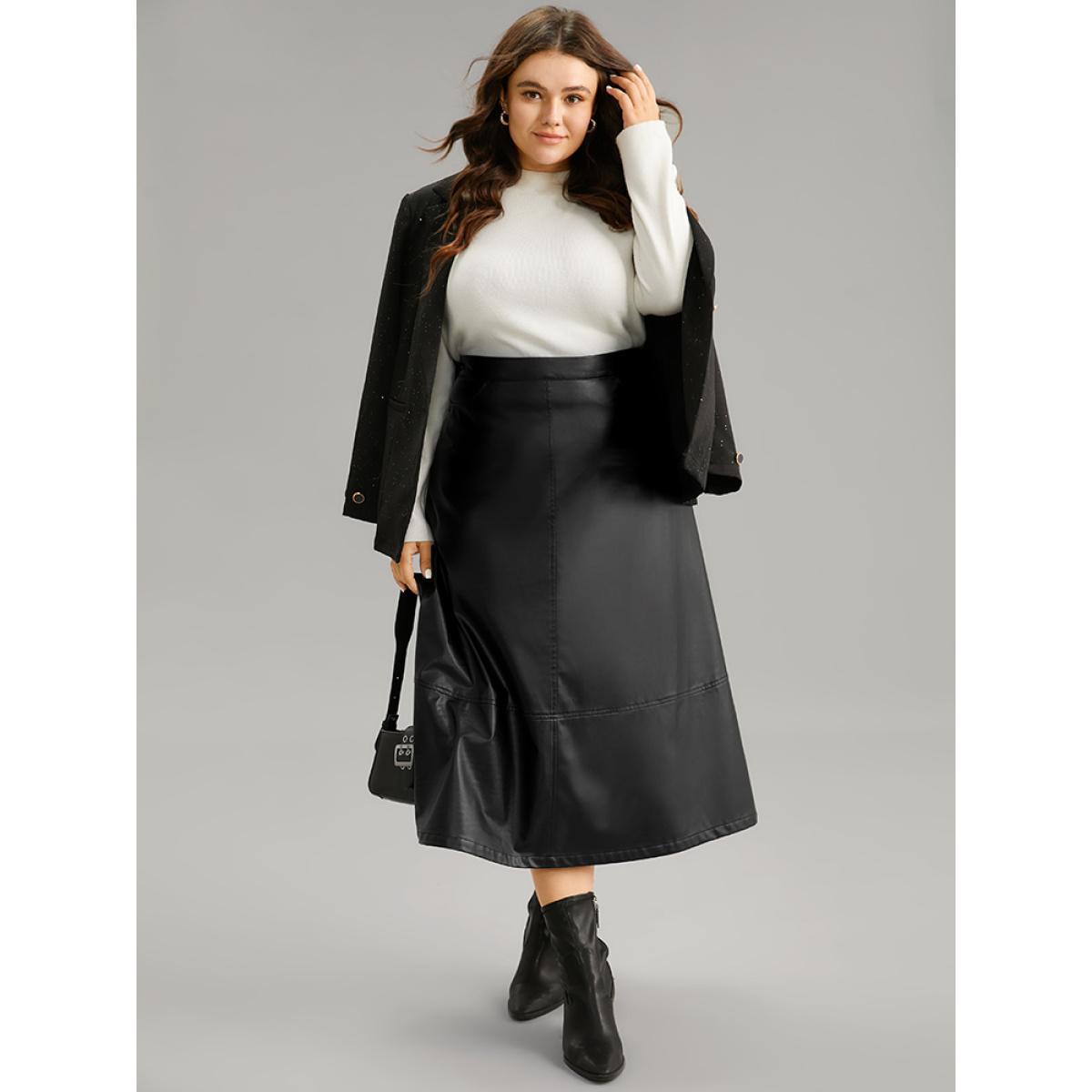 Plus Size PU Leather Pocket Elastic Waist Cropped Skirt Women Black Office Plain No stretch Pocket Work Skirts BloomChic 22-24/3X Product Image