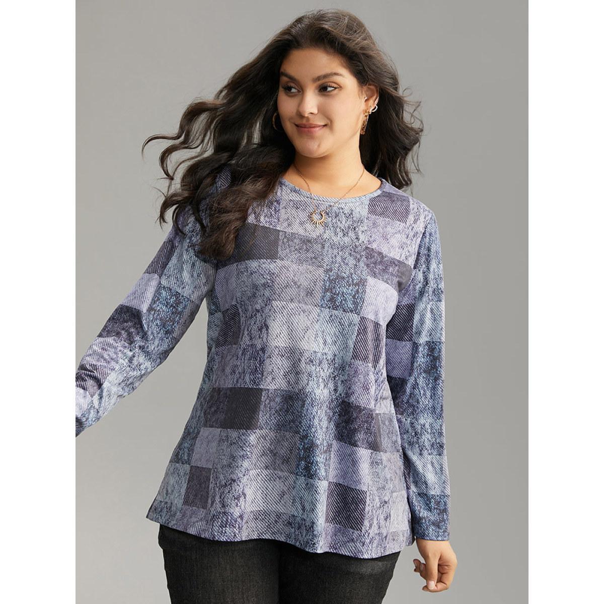 Plus Size Colorblock Contrast Plaid Round Neck T-shirt Aegean Women Casual Contrast Plaid Round Neck Dailywear T-shirts BloomChic 10/M Product Image