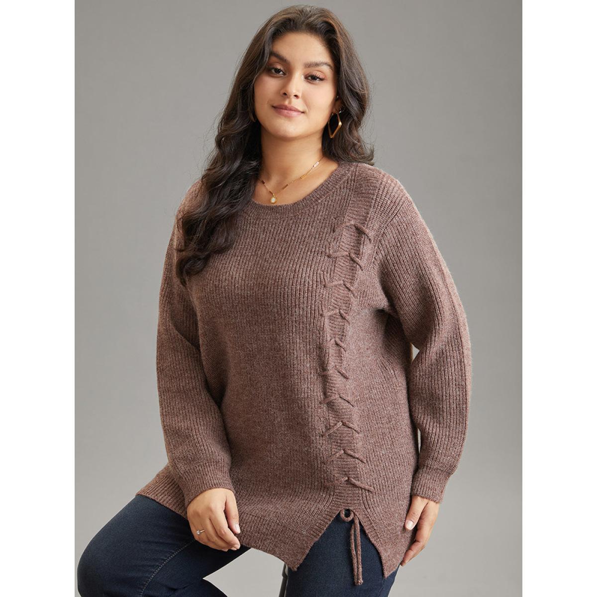 Plus Size Supersoft Essentials Heather Drawstring Ties Pullover DarkBrown Women Casual Loose Long Sleeve Round Neck Dailywear Pullovers BloomChic 18-20/2X Product Image