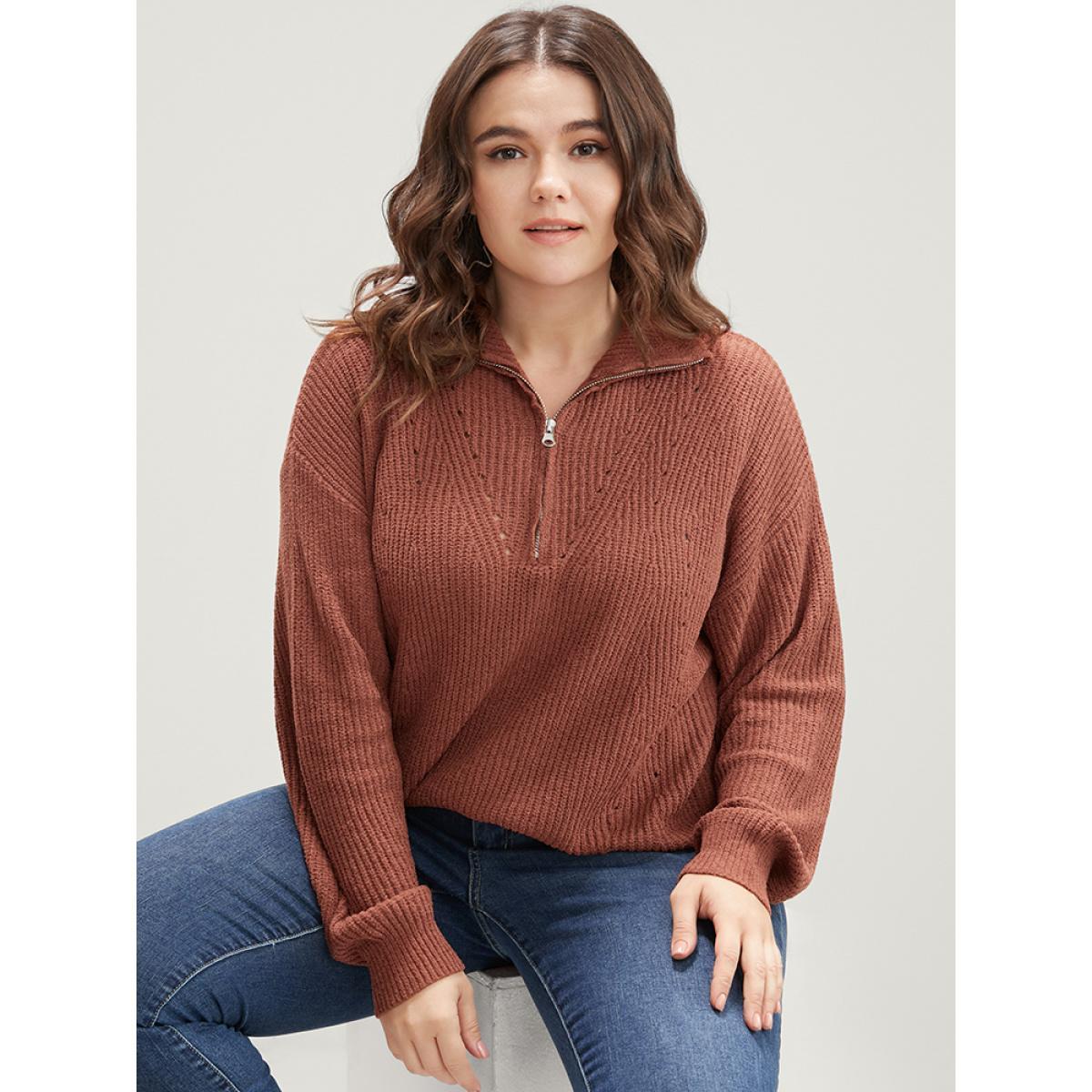 Plus Size Solid Super Soft Knit Zipper Mock Neck Eyelet Knit Top Bronze Women Casual Loose Long Sleeve Mock Neck Dailywear Pullovers BloomChic 12/L Product Image