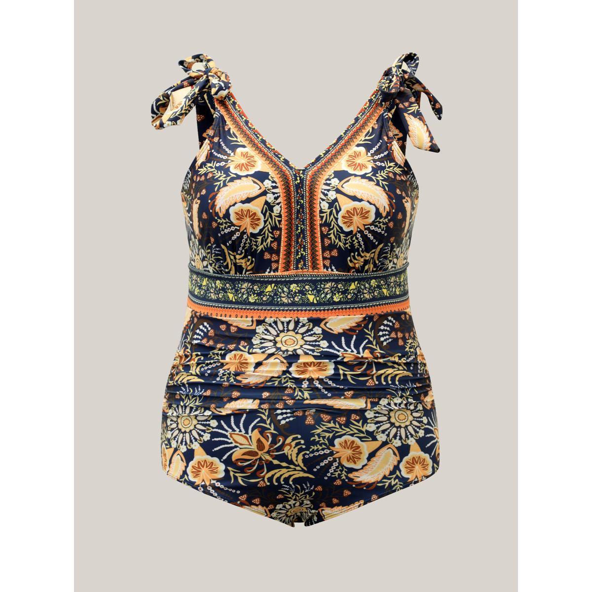 Plus Size Boho Print Adjustable Tie One-Piece Swimsuit Women's Swimwear Indigo Beach Gathered Curve Bathing Suits High stretch One Pieces BloomChic 26/4X Product Image