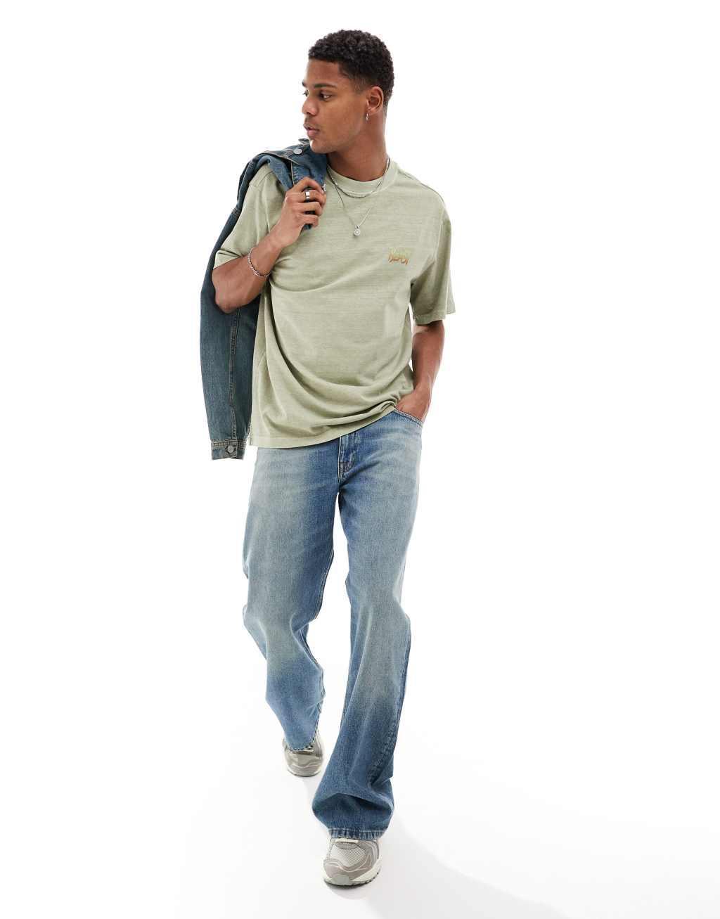 Only & Sons relaxed fit T-shirt with retro beast back print in washed khaki Product Image