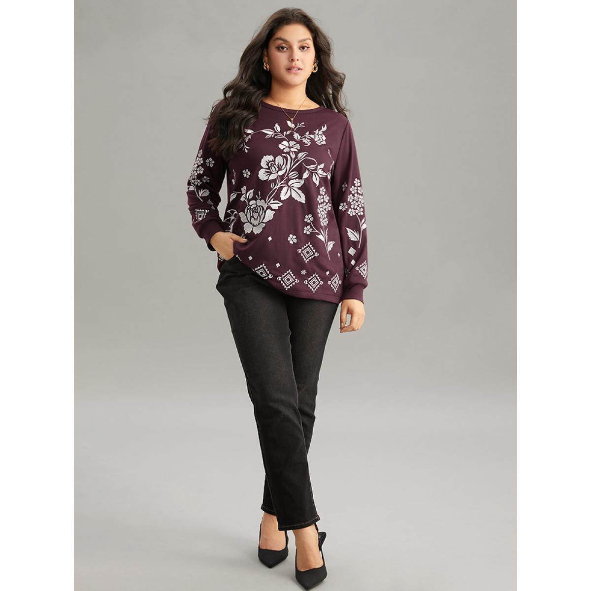 Plus Size Boho & Floral Textured Embroidery Round Neck Sweatshirt Women Maroon Elegant Embroidered Round Neck Dailywear Sweatshirts BloomChic 12/L Product Image