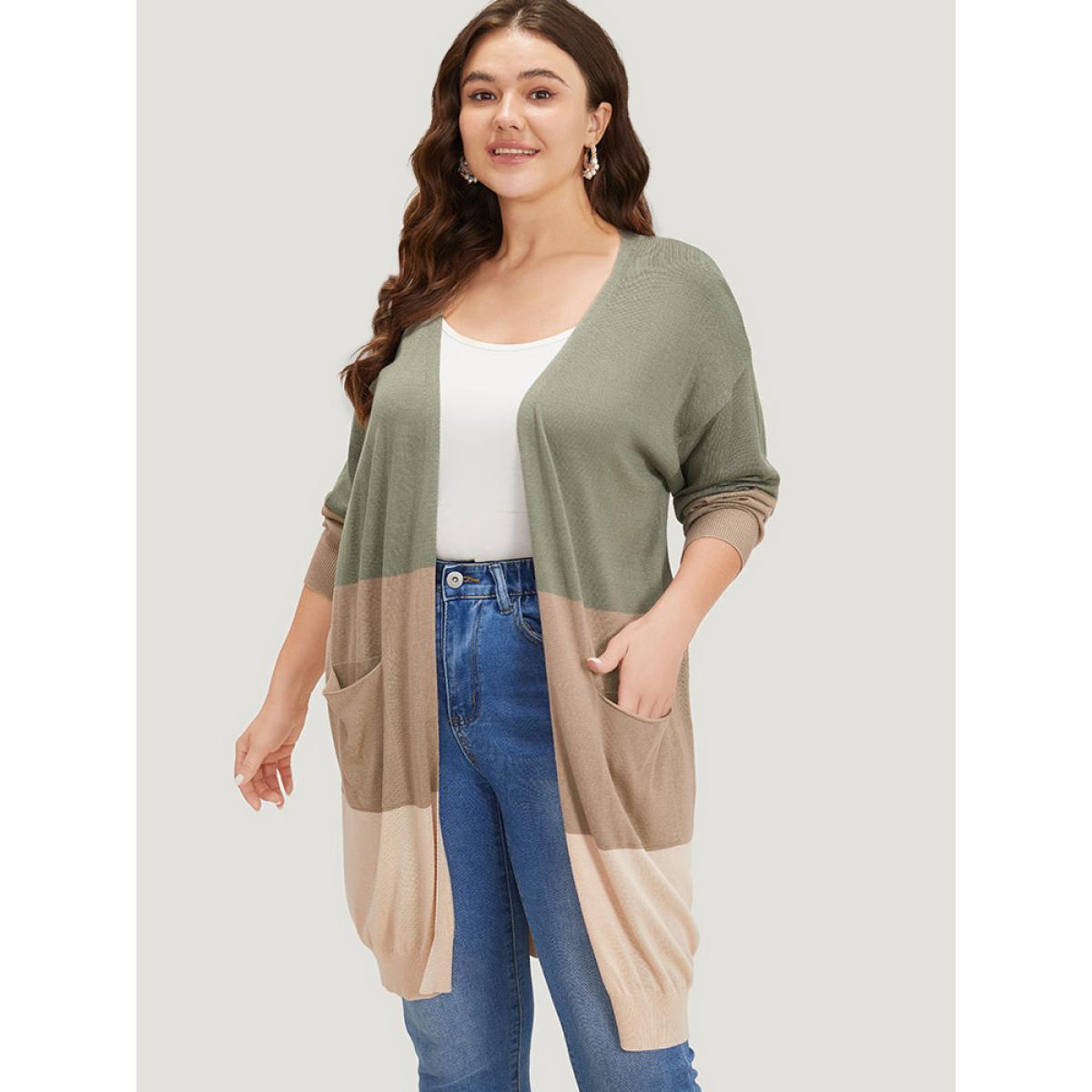 Plus Size Supersoft Essentials Colorblock Pocket Tunic Cardigan Sage Women Casual Loose Long Sleeve Everyday Cardigans BloomChic 30/6X Product Image