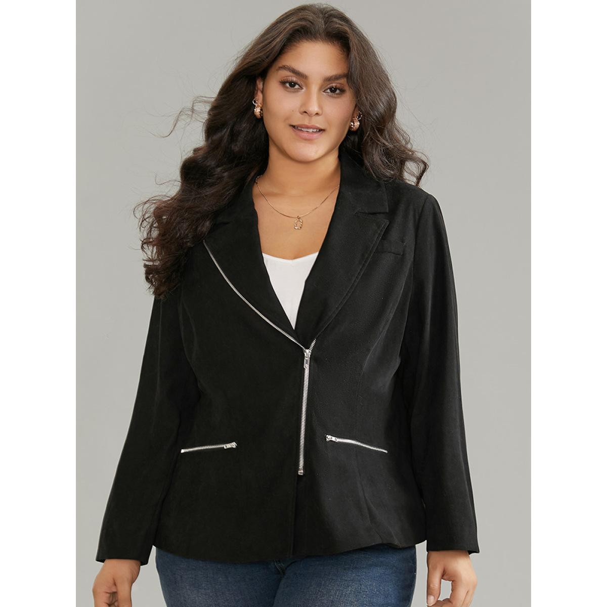 Plus Size Solid Corduroy Zipper Lapel Collar Blazer Black Women Work Plain Lined Sleeve Long Sleeve Lapel Collar 26/4X Pocket At the Office Blazers BloomChic Product Image