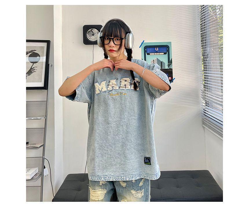Elbow-Sleeve Crew Neck Denim T-Shirt Product Image