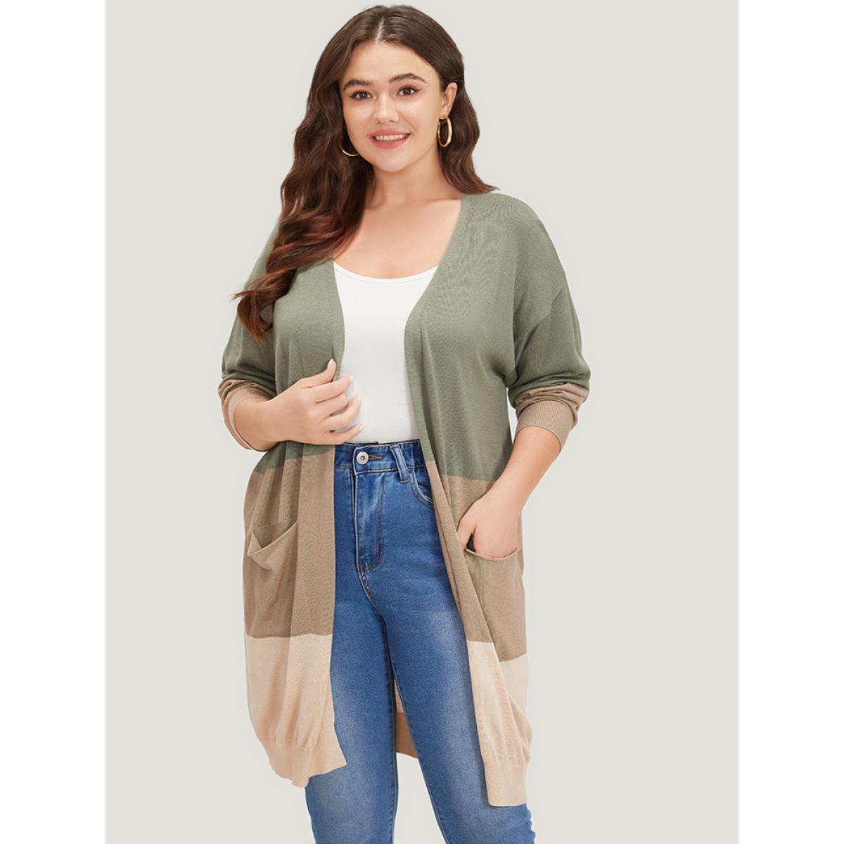 Plus Size Supersoft Essentials Colorblock Pocket Tunic Cardigan Sage Women Casual Loose Long Sleeve Everyday Cardigans BloomChic 30/6X Product Image