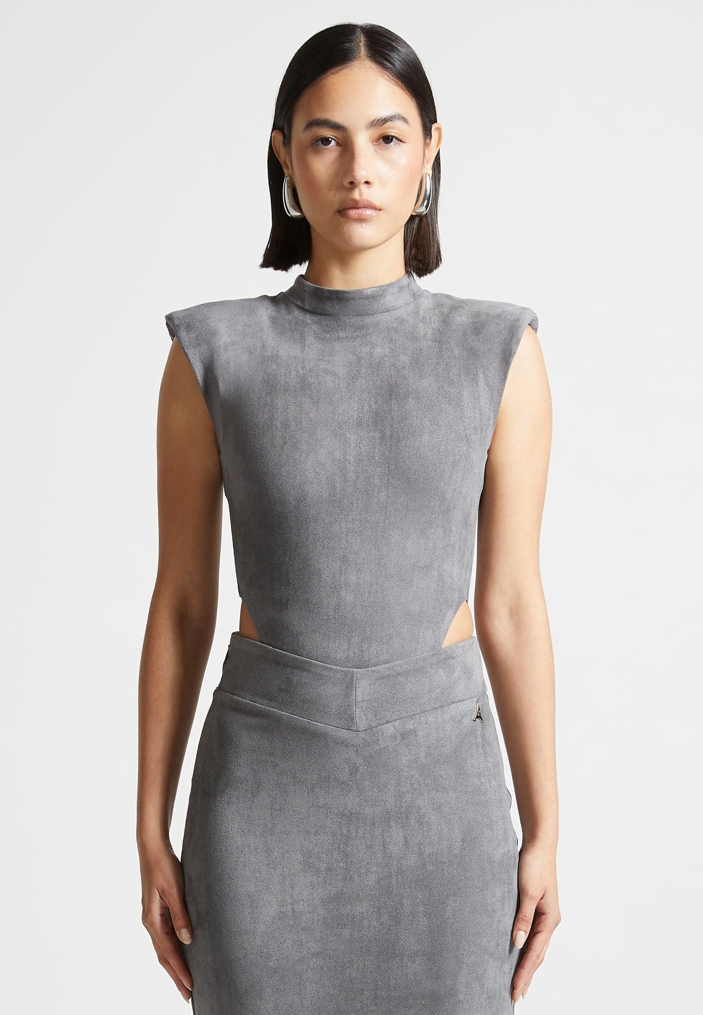 Suede Wide Shoulder High Leg Bodysuit - Light Grey Female Product Image
