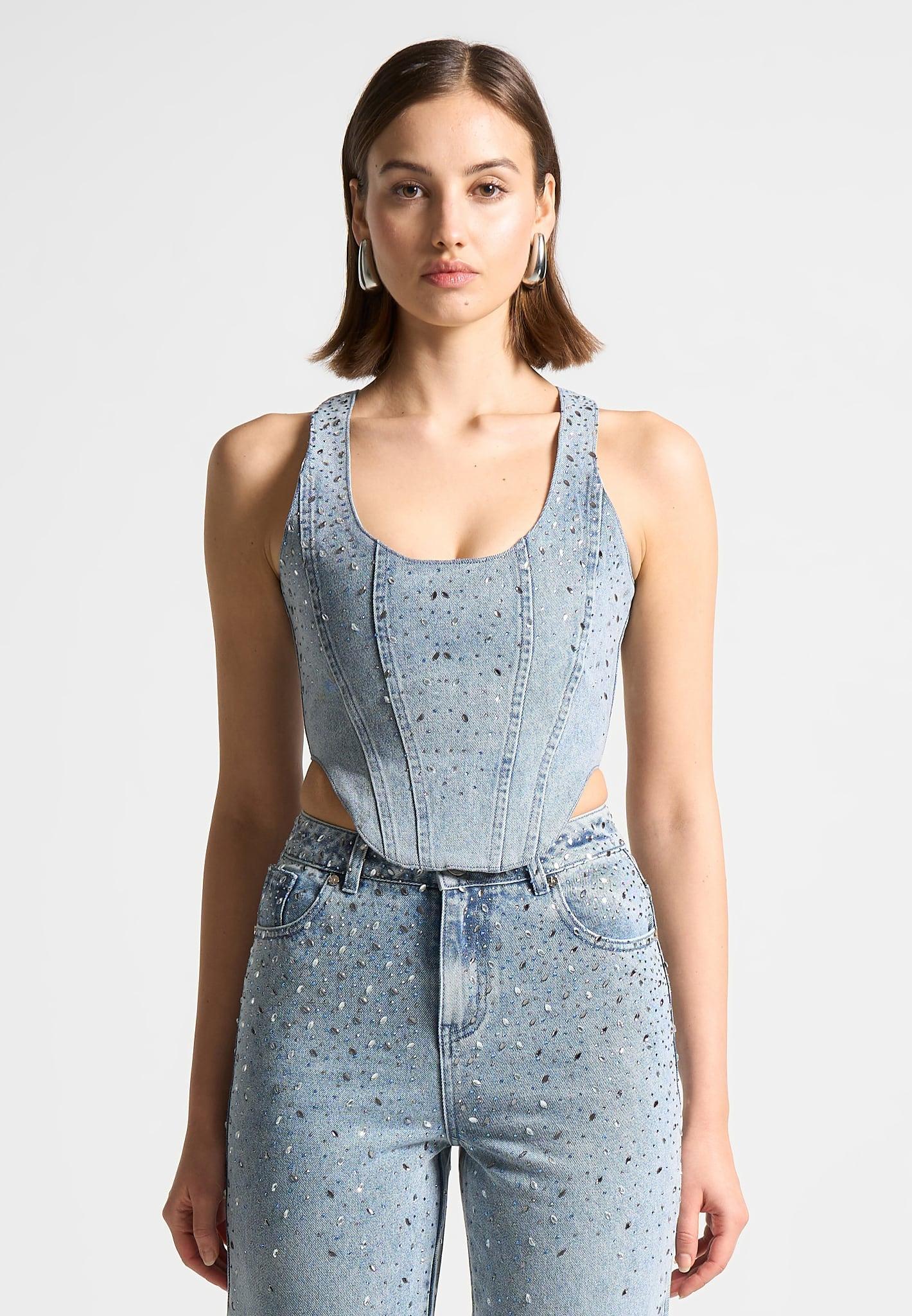 Scattered Rhinestone Denim Corset Top - Mid Blue Female Product Image