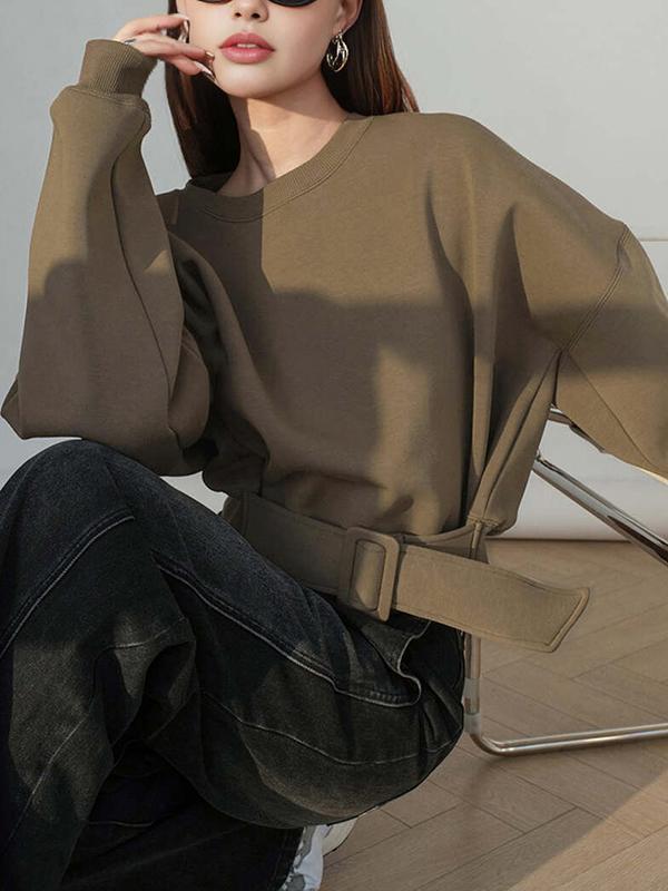 Long Sleeves Loose Belt Buckle Solid Color Round-Neck Sweatshirt Tops Product Image