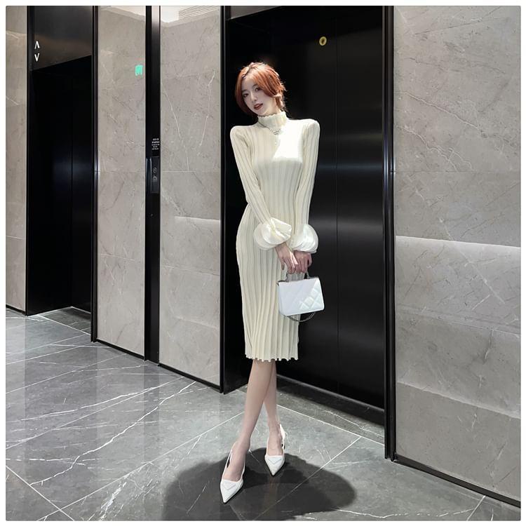Long Sleeve Petal Cuff Mock Neck Plain Ribbed Midi Sheath Sweater Dress Product Image