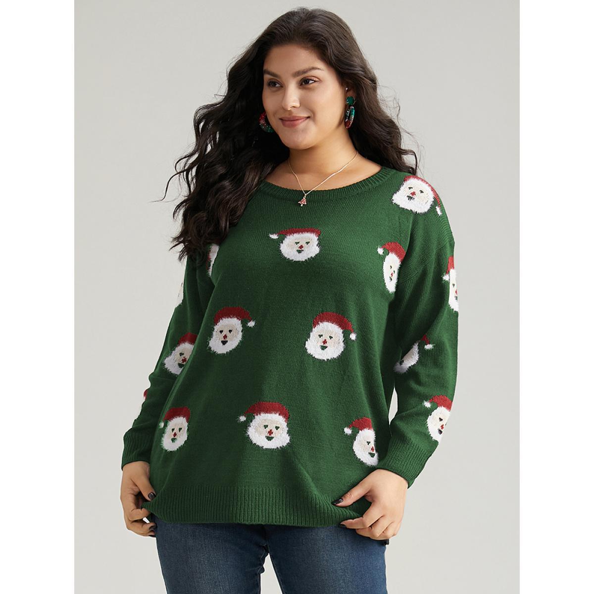 Plus Size Jolly Fellow Motifs Round Neck Pullover DarkGreen Women Casual Long Sleeve Round Neck Festival-Christmas Pullovers BloomChic 30/6X Product Image