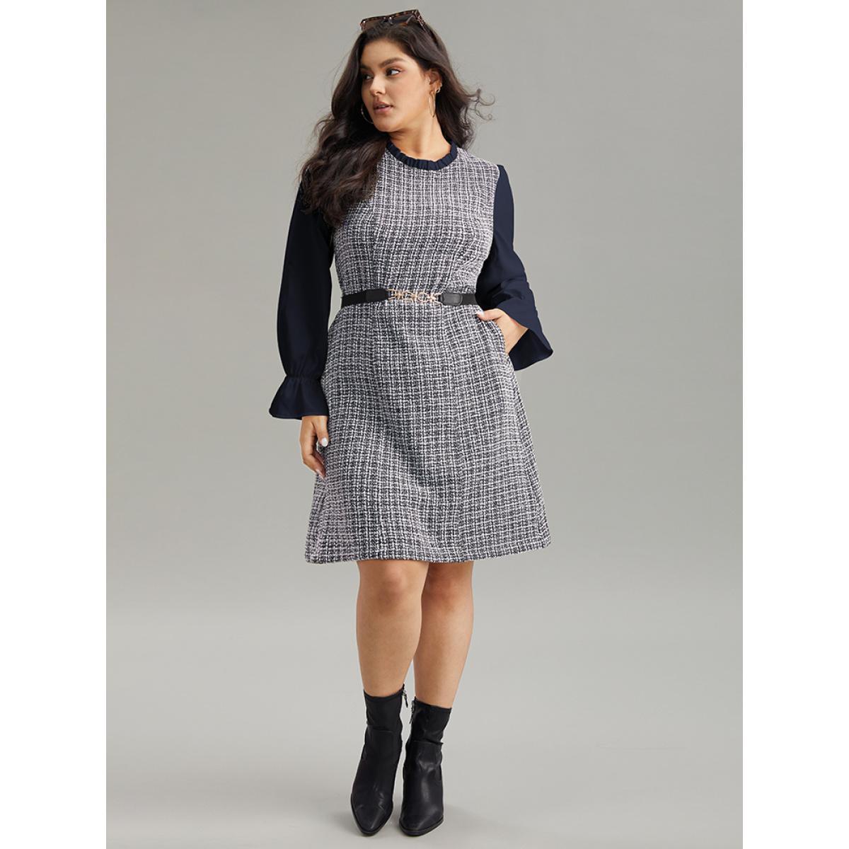 Plus Size Plaid Patchwork Ruffle Trim Knee Dress DarkBlue Women Office Texture Mock Neck Long Sleeve Curvy Knee Dress BloomChic 18-20/2X Product Image