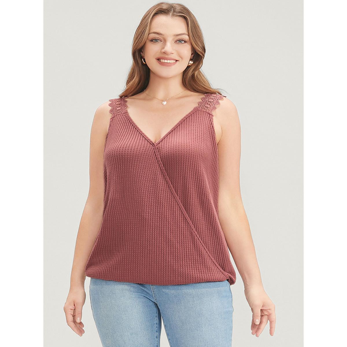 Plus Size Solid Wrap Contrast Lace Waffle Knit Tank Top Women Russet Elegant Lace V-neck Dailywear Tank Tops Camis BloomChic 10/M Product Image