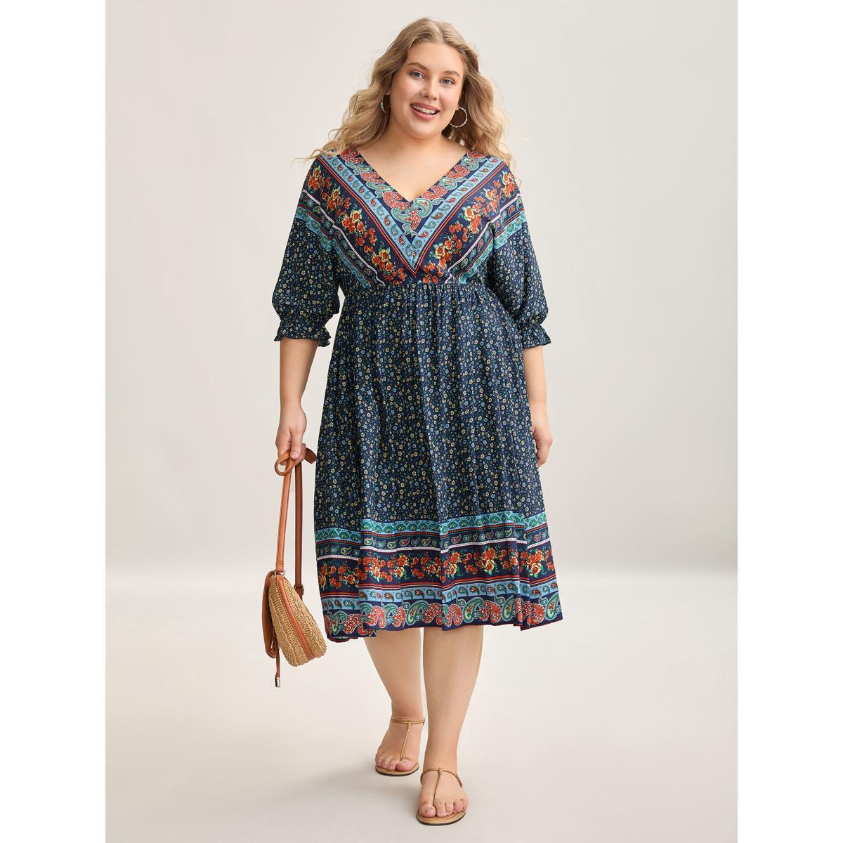 Plus Size Rayon Backless Pockets Midi Dress Indigo Women Resort Tie knot V-neck Elbow-length sleeve Curvy BloomChic 10/M Product Image