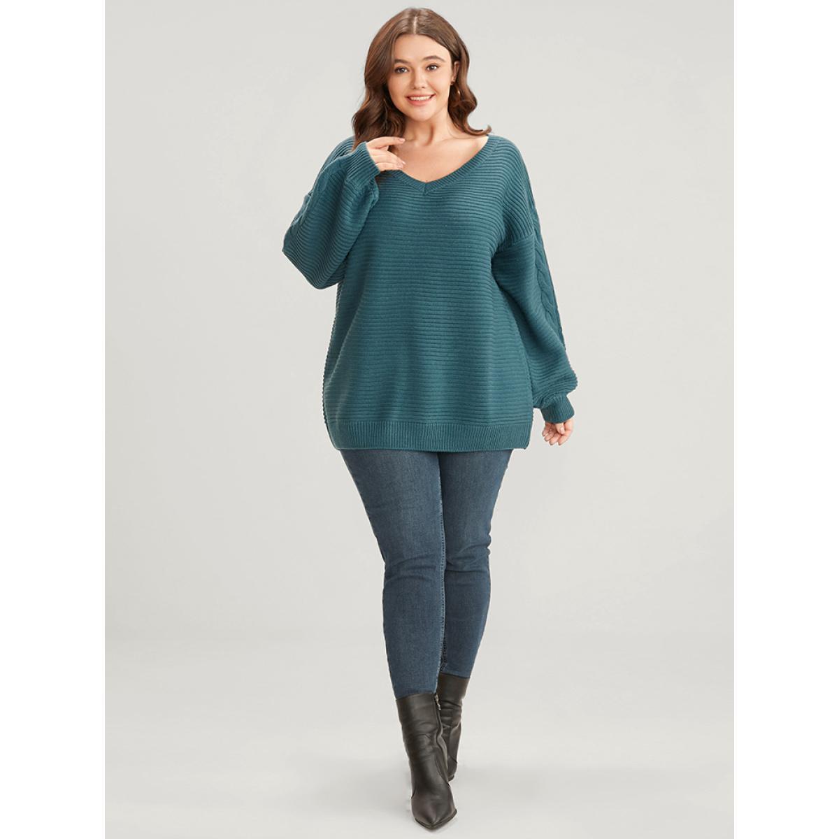 Plus Size Solid Pointelle Knit V Neck Lantern Sleeve Cable Knit Top Emerald Women Casual Loose Long Sleeve V-neck Dailywear Pullovers BloomChic 10/M Product Image