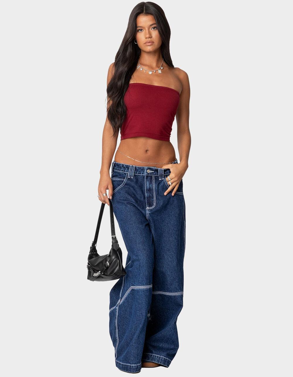 EDIKTED Super Wide Contrast Stitch Low Rise Jeans Product Image