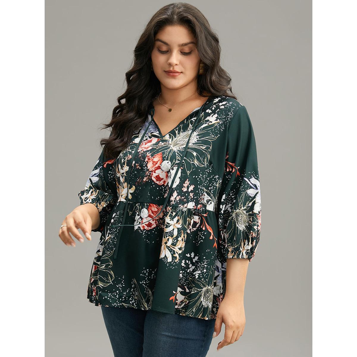 Plus Size DarkGreen Floral Print Knot Neck Pompom Trim Gathered Blouse Women Elegant Elbow-length sleeve Tie Neck Everyday Blouses BloomChic 18-20/2X Product Image