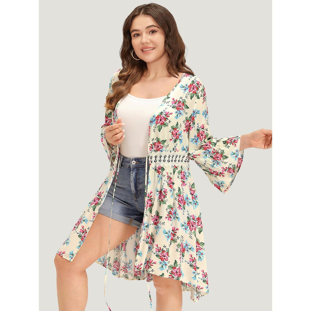 Plus Size Floral Print Open Front Knot Guipure Lace Ruffles Kimono Women Beige Vacation Printed Dailywear Kimonos BloomChic 22-24/3X Product Image