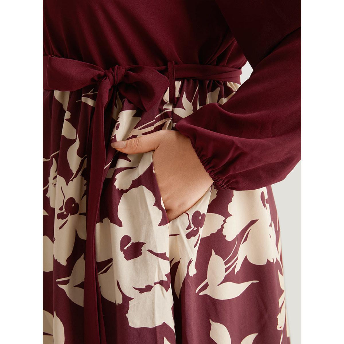 Plus Size Silhouette Floral Print Belted Pleated Dress Scarlet Women Office Elastic cuffs Notched collar Long Sleeve Curvy Knee Dress BloomChic 14-16/1X Product Image