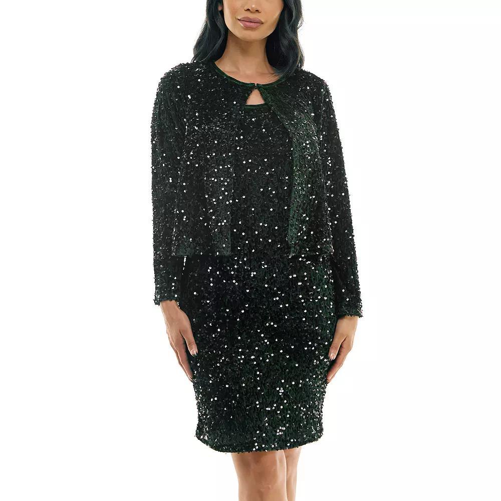 Women's Nina Leonard Sequin Mesh Cardigan & Sequin Sheath Dress Set, Size: Medium, Green Product Image
