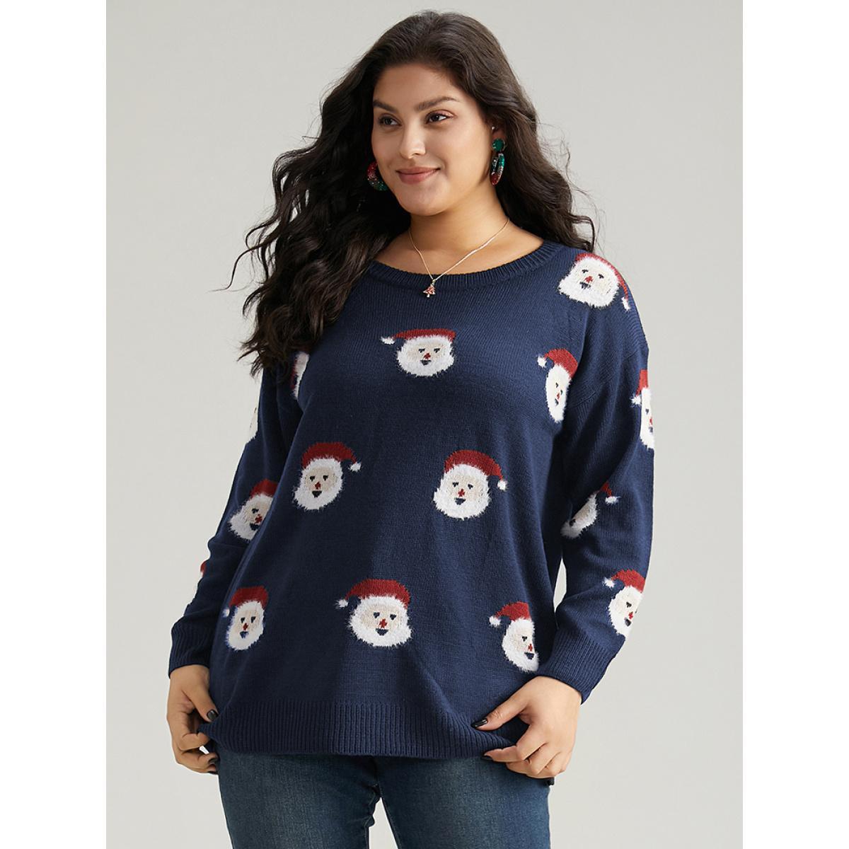 Plus Size Jolly Fellow Motifs Round Neck Pullover Midnight Women Casual Long Sleeve Round Neck Festival-Christmas Pullovers BloomChic 10/M Product Image
