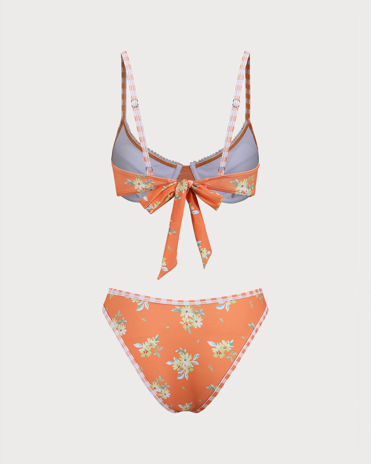 Orange Plaid Floral Underwire Bikini Set Product Image