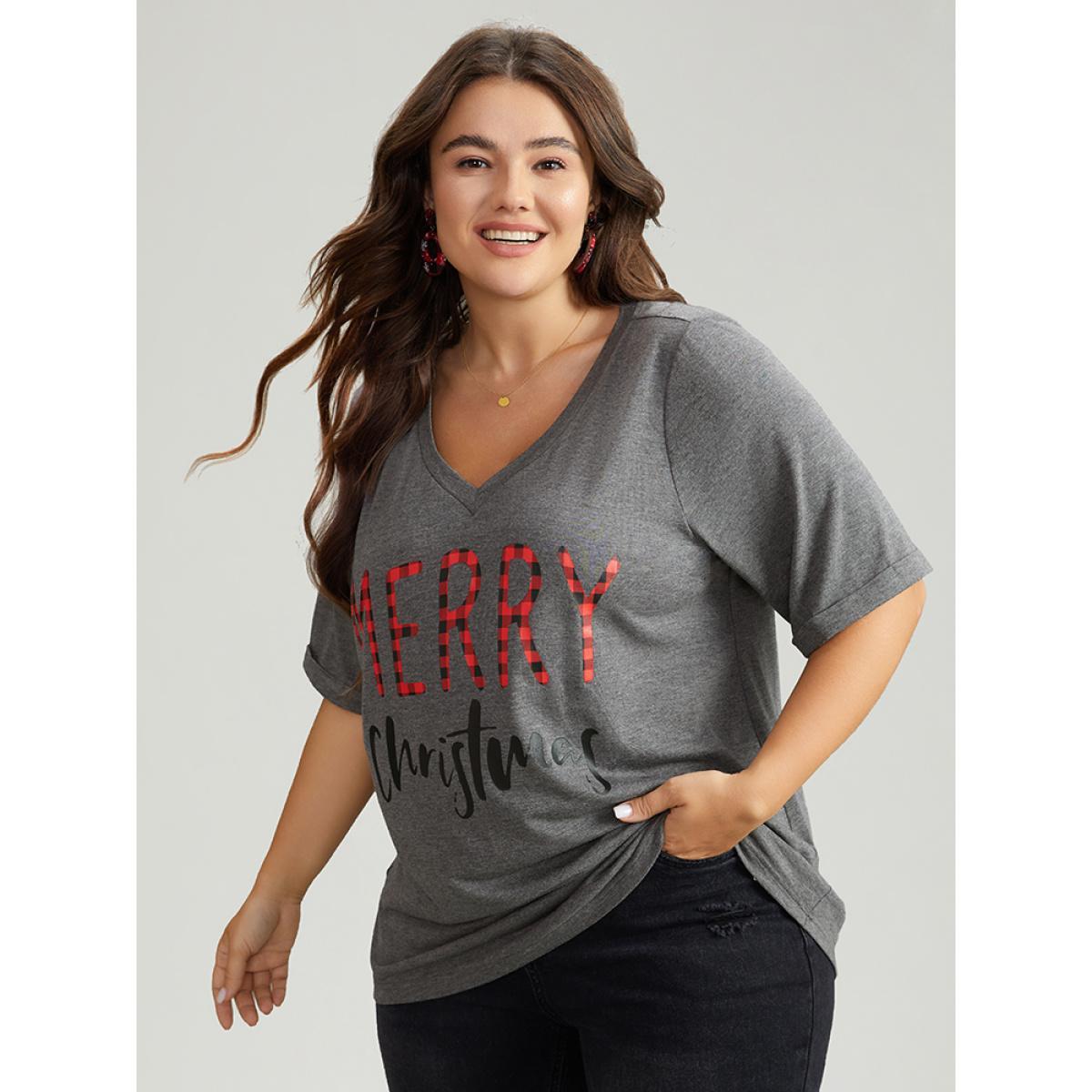 Plus Size Christmas Gingham Patchwork V Neck T-shirt DimGray Women Casual Printed Christmas Festival-Christmas T-shirts BloomChic 18-20/2X Product Image