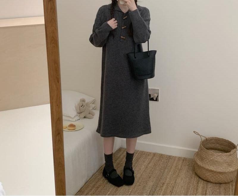 Long-Sleeve Polo-Neck Plain Midi Sweater Dress Product Image