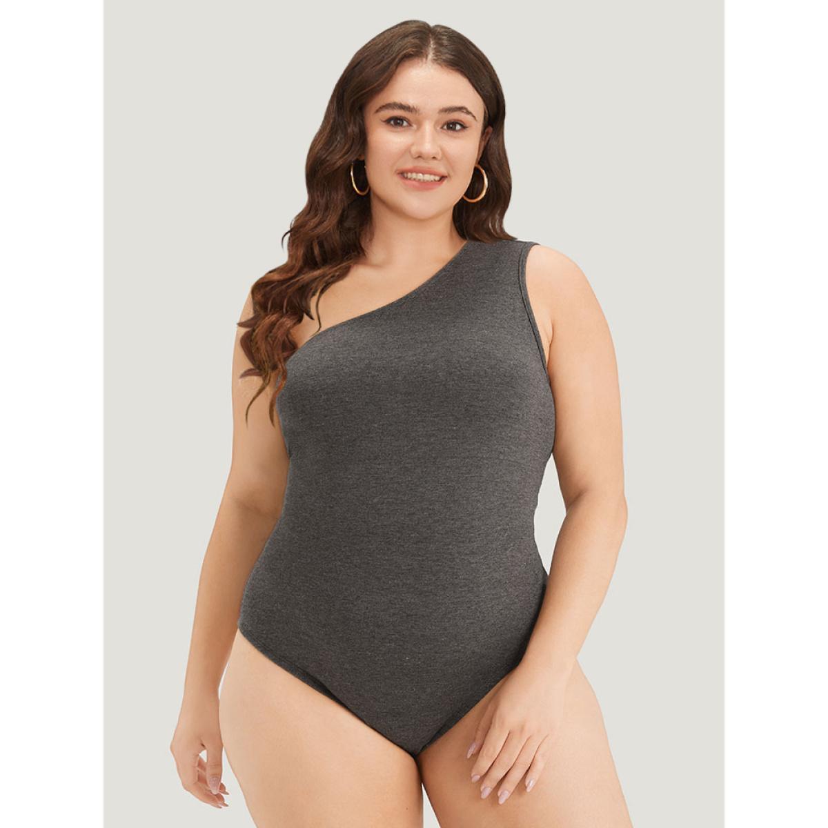Plus Size Plain One Shoulder Slightly Stretchy Bodysuit Women DimGray Plain Plain Bodysuits BloomChic 30/6X Product Image
