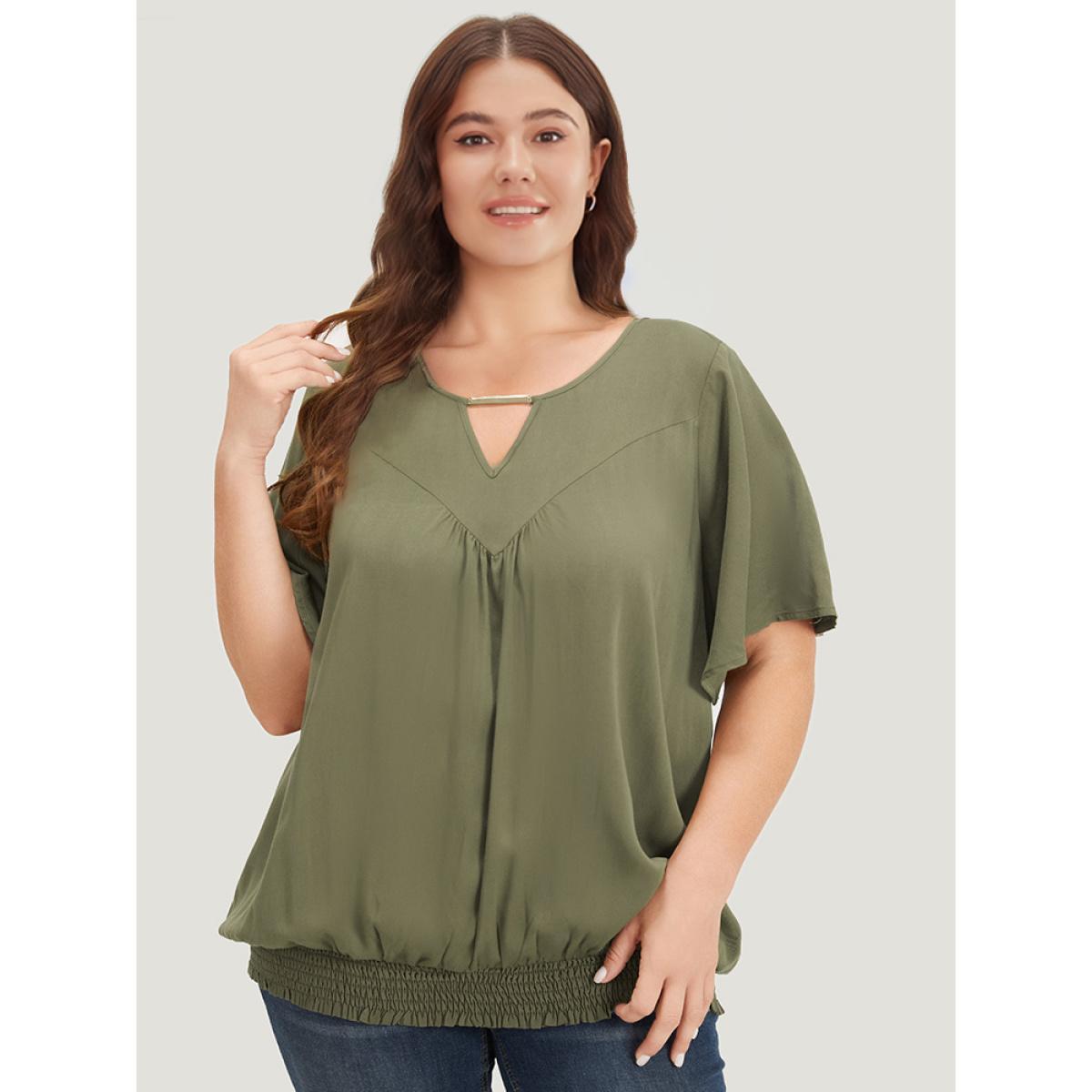 Plus Size ArmyGreen Solid Shirred Keyhole Gathered Ruffle Sleeve Blouse Women Office Half Sleeve V-neck Work Blouses BloomChic 10/M Product Image
