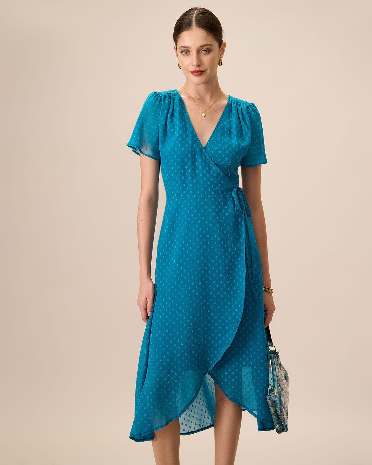 Women's Blue V-Neck Wrap Midi Dress Female Product Image
