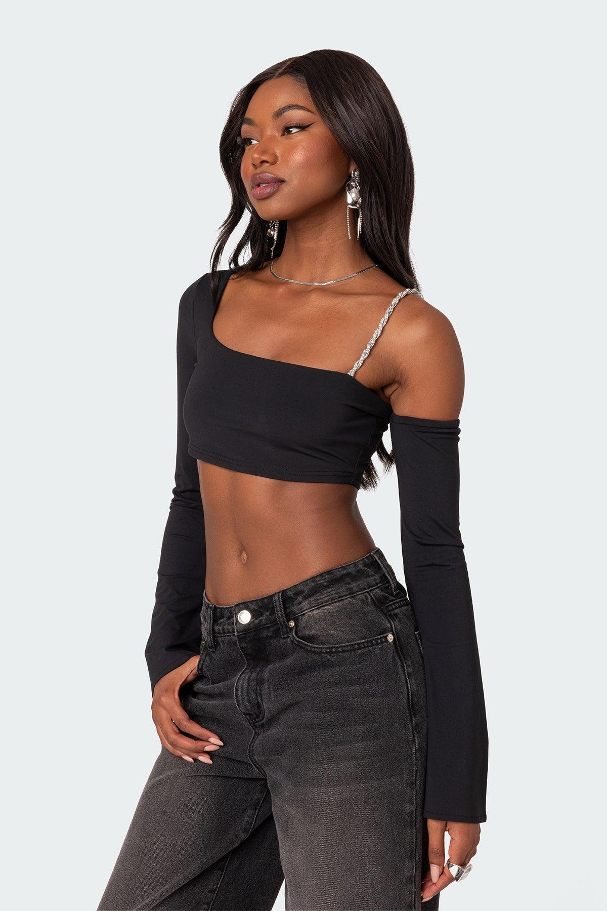 Rhinestone Strap Asymmetric Crop Top Product Image