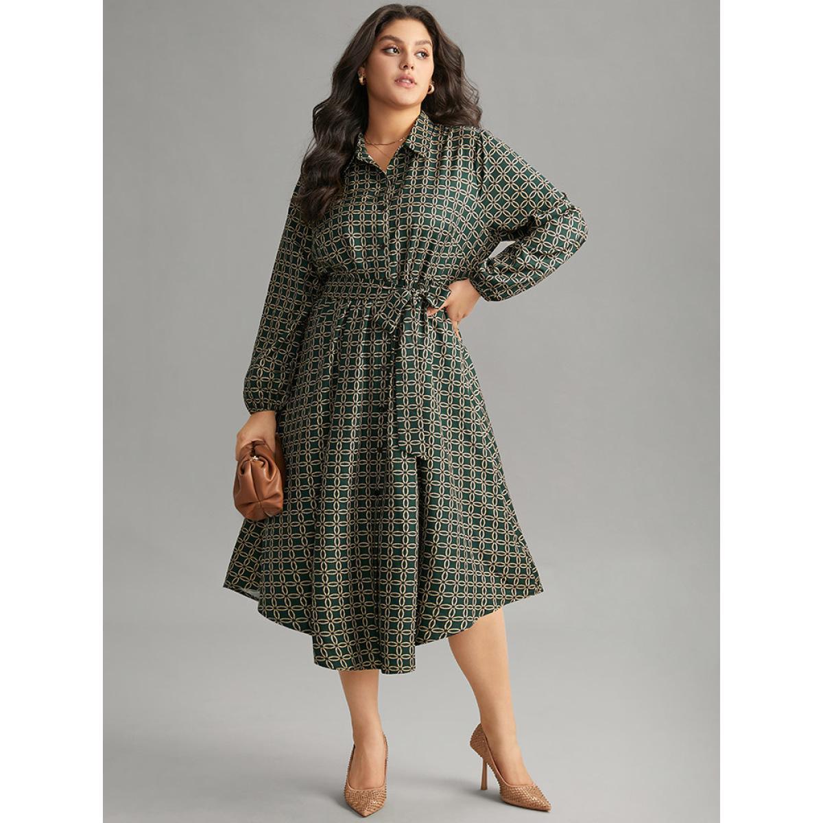 Plus Size Geometric Belted Curved Hem Lantern Sleeve Dress Cyan Women Office Elastic cuffs Shirt collar Long Sleeve Curvy Midi Dress BloomChic 28/5X Product Image