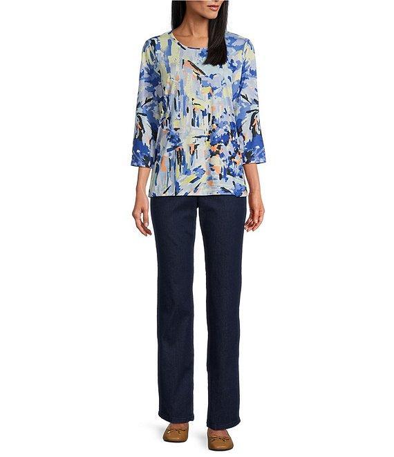 Allison Daley Embellished Tropical Villa Print 3/4 Sleeve Crew Neck Knit Top Product Image