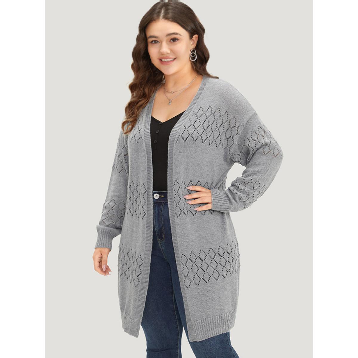 Plus Size Geometric Eyelet Elastic Cuffs Tunic Cardigan DarkGray Women Casual Loose Long Sleeve Dailywear Cardigans BloomChic 30/6X Product Image