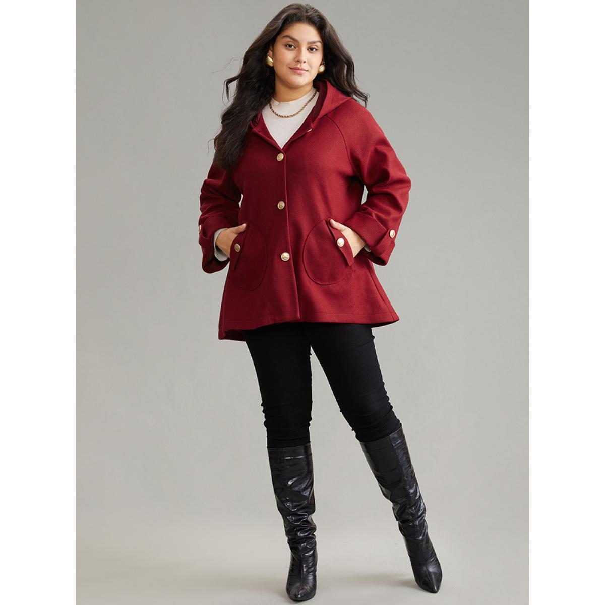 Plus Size Plain Pocket Tab Sleeve Button Detail Woven Coat Women Scarlet Casual Lined Ladies Dailywear Winter Coats BloomChic 12/L Product Image
