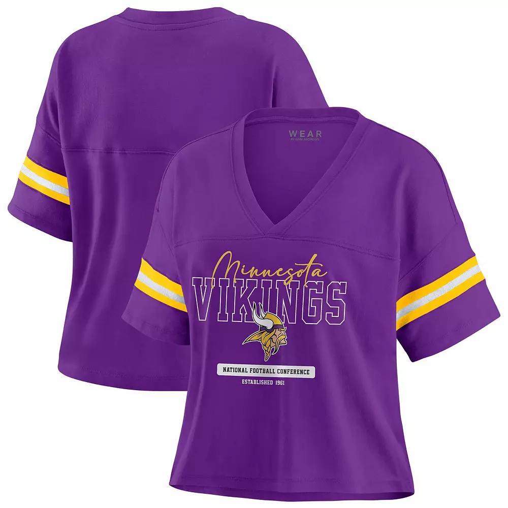 Womens WEAR by Erin Andrews Minnesota Vikings Color Block Boxy Modest Crop V-Neck T-Shirt Product Image