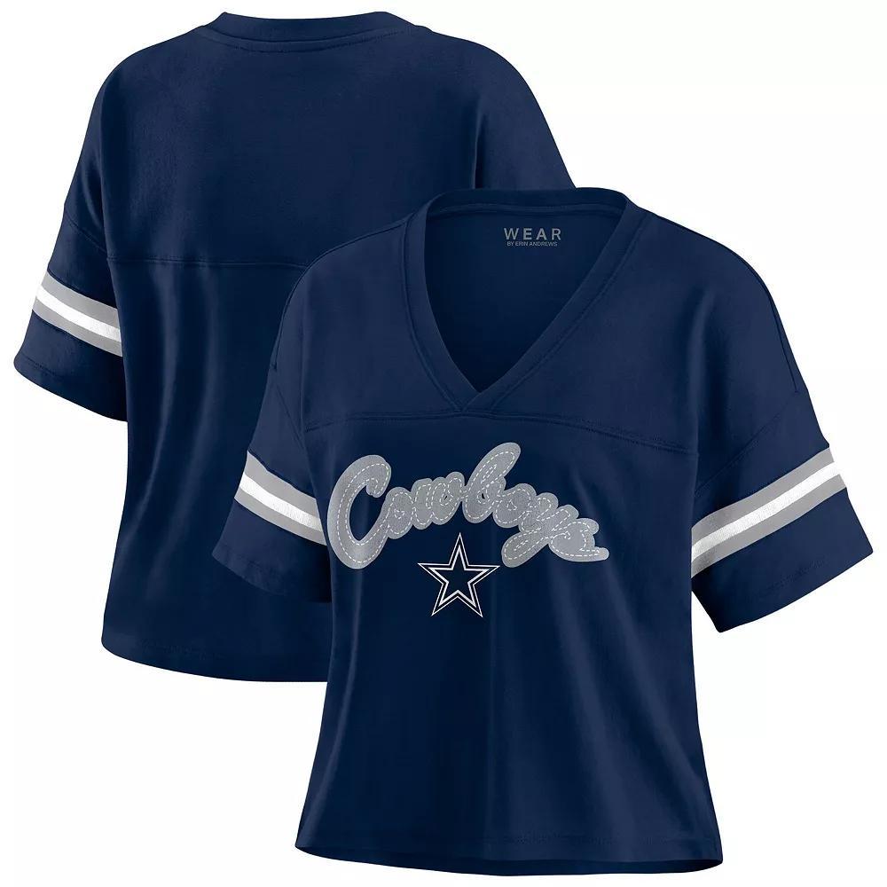Women's WEAR by Erin Andrews Navy Dallas Cowboys Color Block Boxy V-Neck T-Shirt, Size: 2XL, Blue Product Image