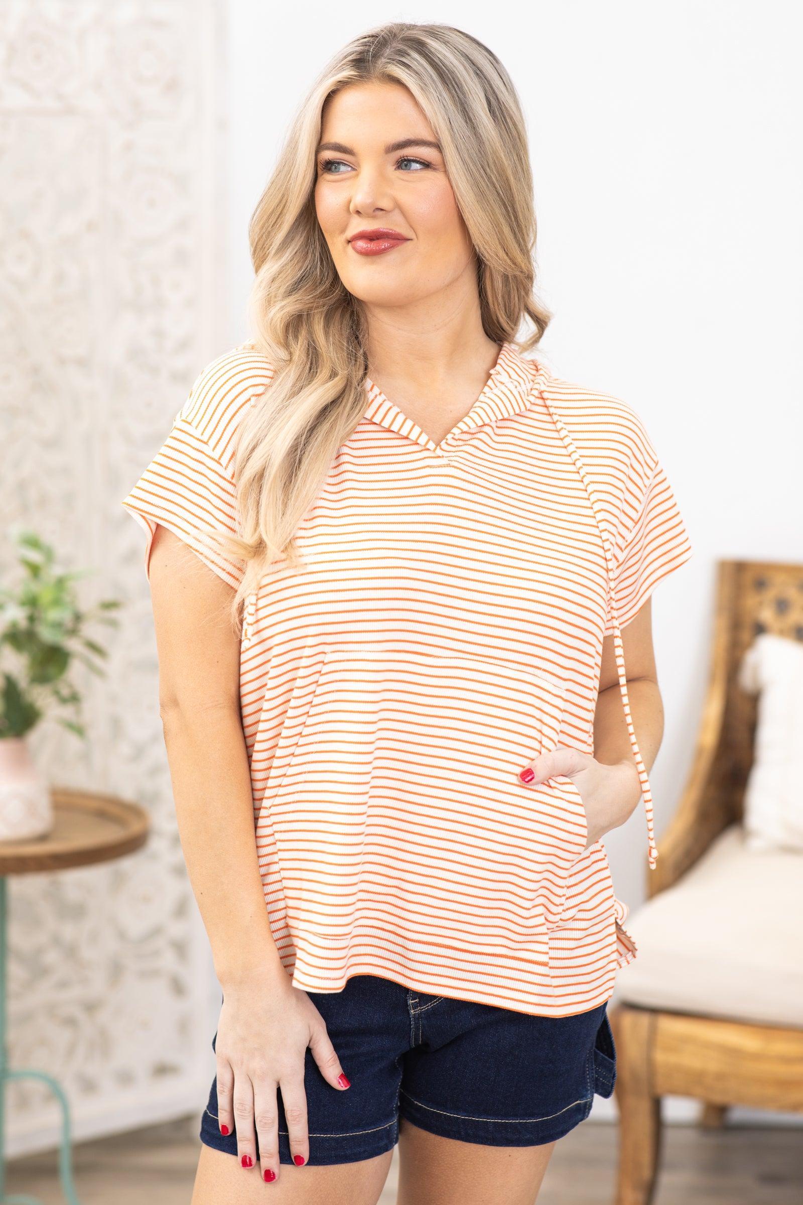 Orange Stripe Hooded Short Sleeve Top Product Image