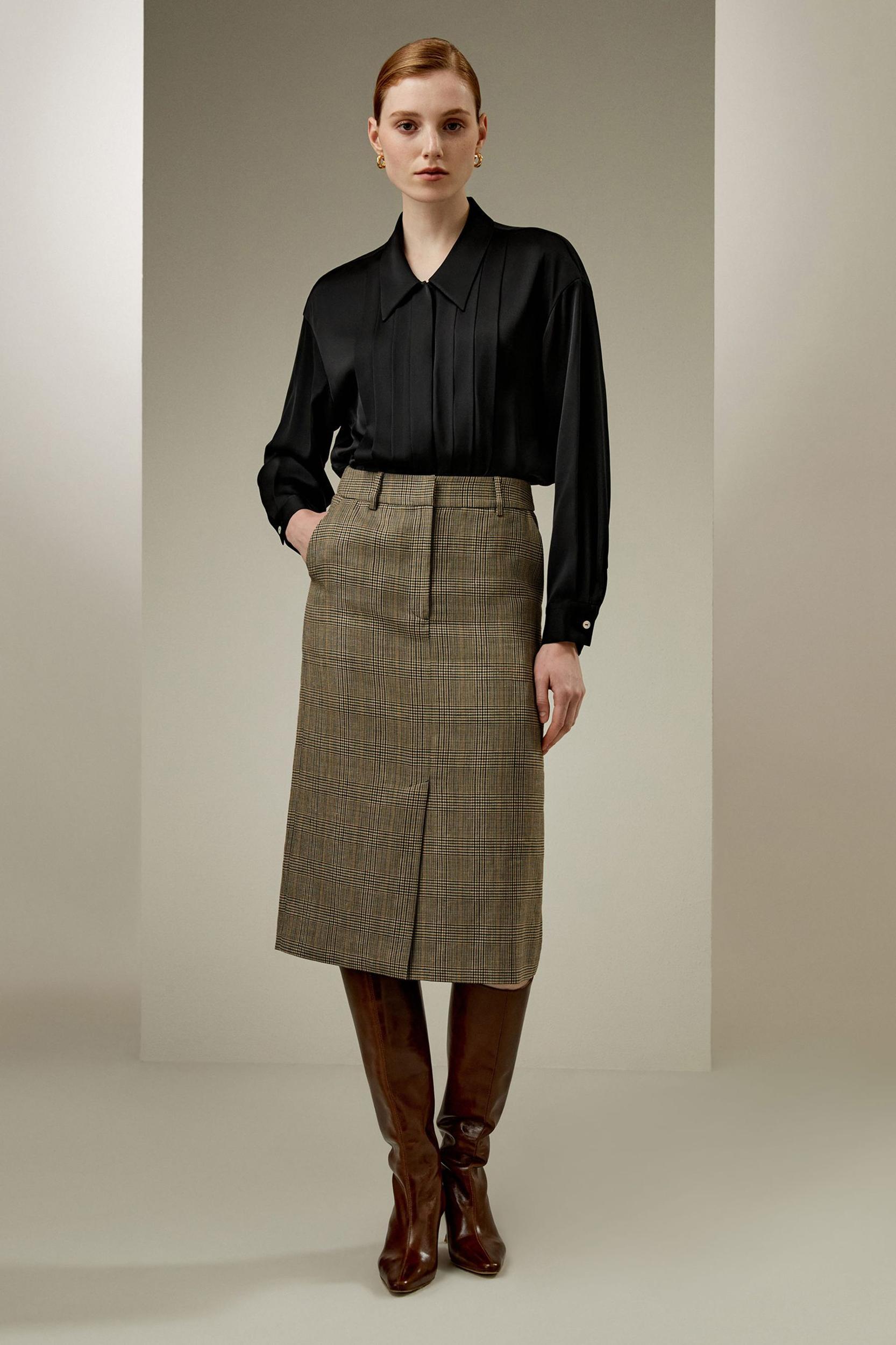 Pleated Shirt-Collar Silk Blouse Product Image