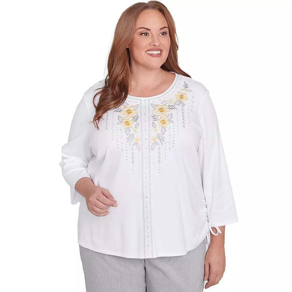 Plus Size Alfred Dunner Linear Knit Floral Embroidered Crewneck Top, Womens Product Image