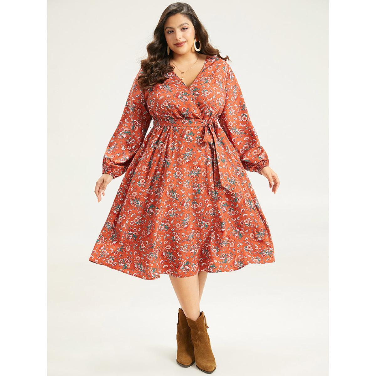 Plus Size Floral Print Belted Elastic Cuffs Dress Rust Women Elegant Elastic cuffs V-neck Long Sleeve Curvy Midi Dress BloomChic 14-16/1X Product Image